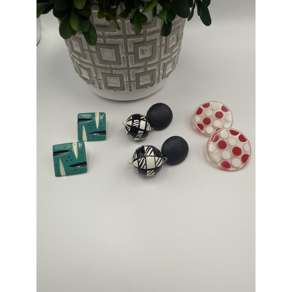 Vintage 80s Plastic Statement Earrings Lot Mod Geometric Polka Dot Dangle Retro